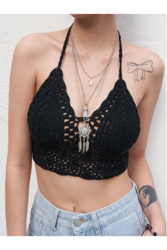 Astarlı Tığ Işi Bohem Plaj Sahil Beach Bikini Büstiyer Astarlı Siyah
