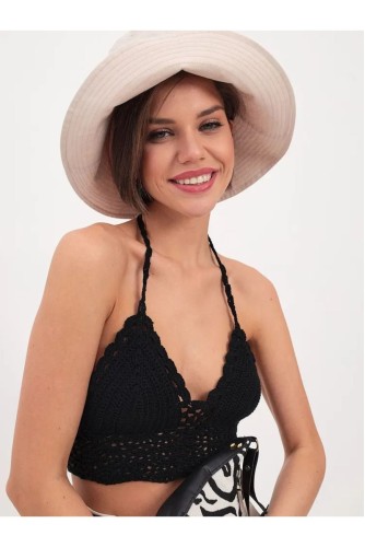 Astarlı Tığ Işi Bohem Plaj Sahil Beach Bikini Büstiyer Astarlı Siyah