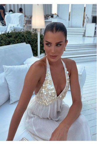 Çift Sırt Bağlamalı Sedef Deniz Kabuklu Astarlı Uçuşan Yazlık Tatil Sahil Maxi Uzun Elbise