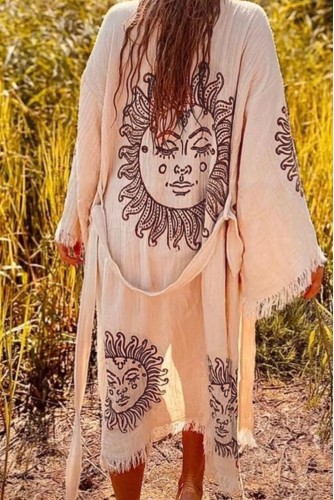 Karakalem Astroloji Güneş Desenli Kemerli Püsküllü Doğal Kumaşlı Bohem Sahil Kimono Kaftan Bej