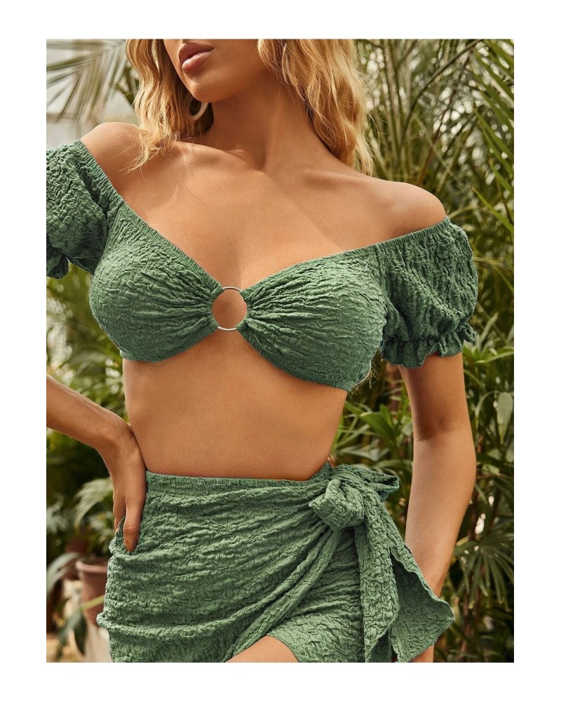 Egzotik Göğüs Halkalı Doğal Kabartma Kumaş Derin Yırtmaç Bağlamalı Otantik Sexy Bohem Takım Yeşil