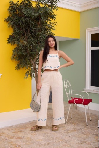 Yaz Desenleri İnce Askı Bluz Pantolon 2li  Bohem Takım