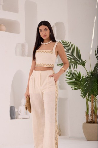 Zikzak Nakış Kalın Askılı Crop Bluz Pantolon 2li Takım