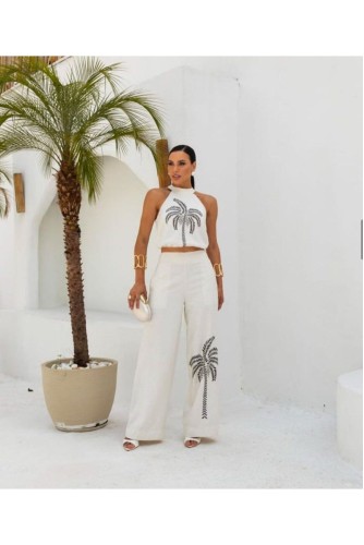 Palmiye Desen Kolsuz Bluz Pantolon Takım Elegant  Yazlık 2li takım