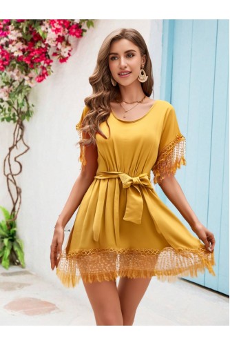 Kolları Etekleri Dantel Püsküllü Beli Lastikli Kemerli Yazlık Mini Keten Elbise Sarı