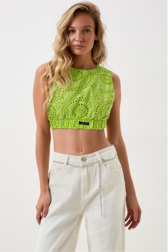 Walk in Love Geometrik Fistolu Fileli Belden Lastikli Kolsuz Yazlık Spor Crop Bluz Fosfor Neon