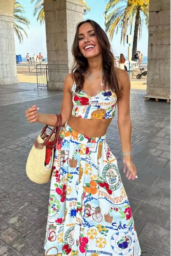 Tropikal Rengarenk Baskılı Eğlenceli Kalın Askılı Krop Düğmeli Uzun Etek Yazlık Tatil Takım