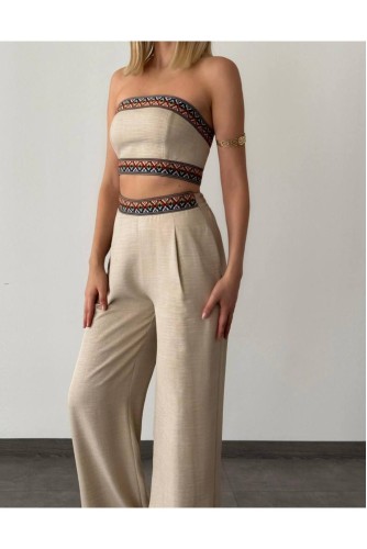 Aztek Motifli Şerit Korse Crop Cepli Lastikli Palazzo Pantolon Modern Etnik Yazlık Boho Keten Takım